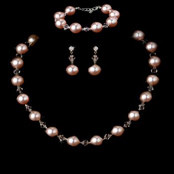 Silver Pink Faux Pearl Bridal Wedding Necklace Earring  Bracelet Jewelry Set NEB 8372 Pink