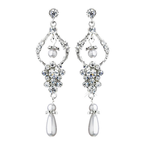 Lovely Antique Silver Chandelier Bridal Wedding Earrings w/ Clear Rhinestones & White Pearls 1065