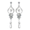 Lovely Antique Silver Chandelier Bridal Wedding Earrings w/ Clear Rhinestones & White Pearls 1065
