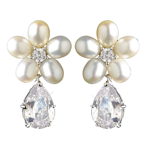 Antique Silver Rhodium Freshwater Pearl & CZ Crystal Drop Bridal Wedding Earrings 1418