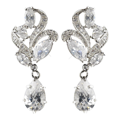 Antique Silver Rhodium Clear CZ Crystal Drop Bridal Wedding Earrings 1419