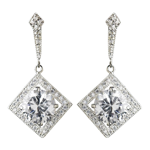 Antique Silver Rhodium Clear CZ Crystal Vintage Drop Bridal Wedding Earrings 1821