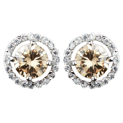Rhodium Champagne & Clear CZ Rondelle Round Stud Bridal Wedding Earrings 2288