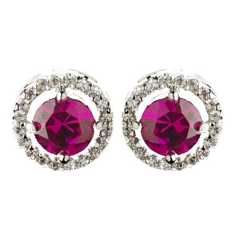 Antique Rhodium Silver Ruby CZ Crystal Round Stud Bridal Wedding Earrings 2288