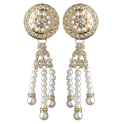 Gold White Pearl & Rhinestone Dangle Great Gatsby Bridal Wedding Earrings 2365