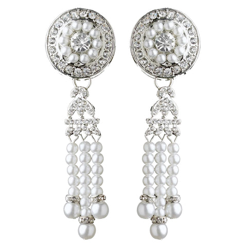 Rhodium White Pearl & Rhinestone Dangle Great Gatsby Bridal Wedding Earrings 2365