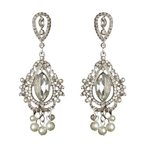 Rhodium Clear Rhinestone & Diamond White Pearl Chandelier Bridal Wedding Earrings 2376