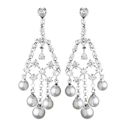 Fabulous Silver Clear CZ Chandelier Bridal Wedding Earrings w/ Pearls 2948
