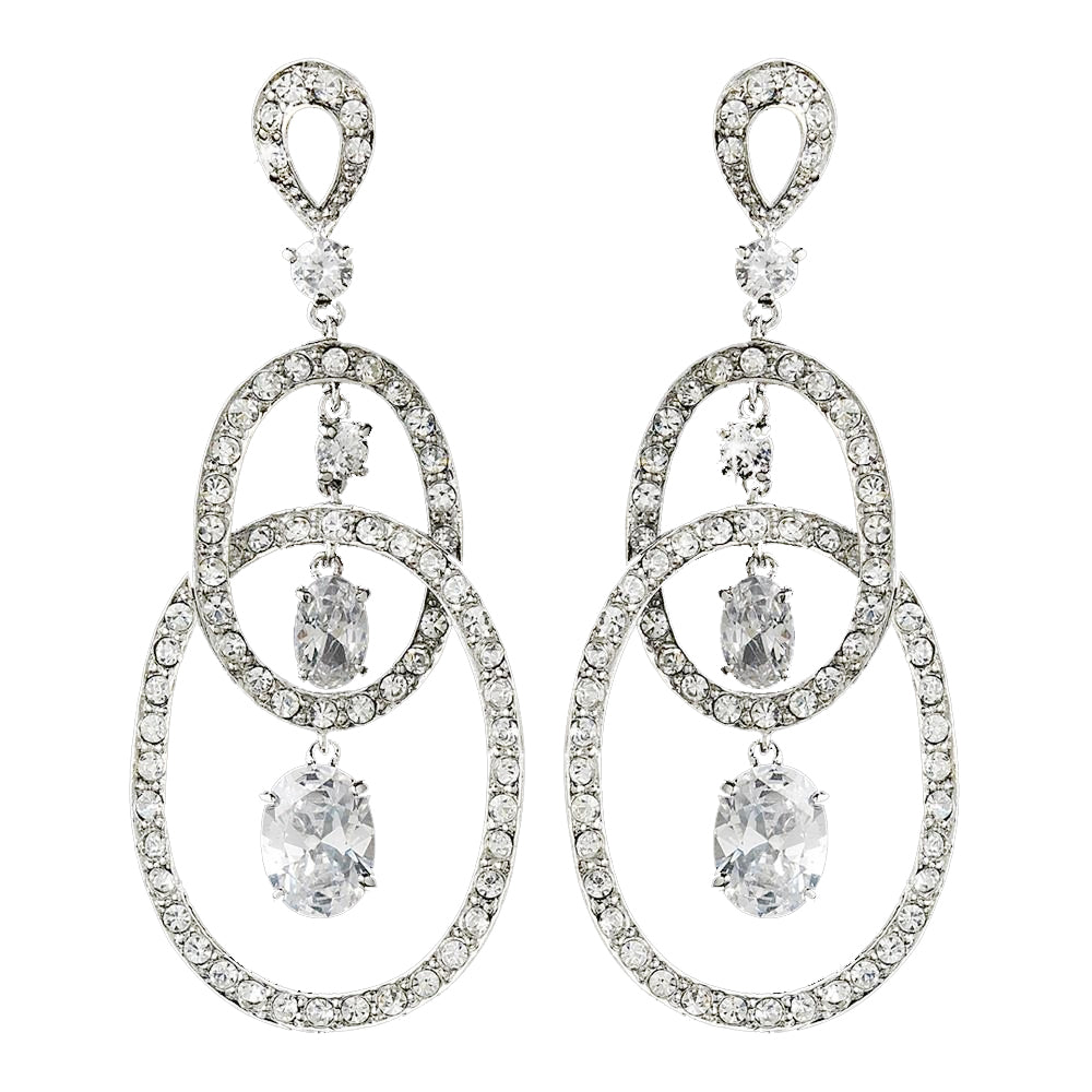 Stunning Antique Silver Clear CZ Double Loop Bridal Wedding Earrings E 3846