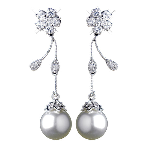 Antique Rhodium CZ Crystal & Diamond White Pearl Drop Bridal Wedding Earrings 4015