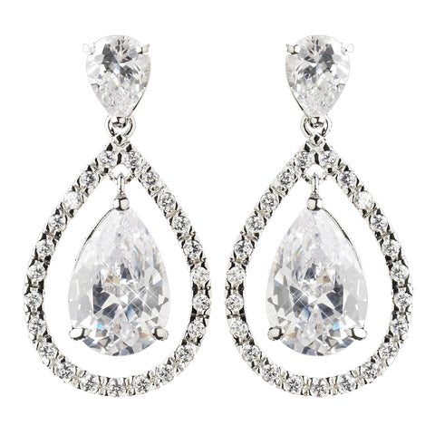 Antique Silver Rhodium Clear CZ Crystal Drop Bridal Wedding Earrings 4026