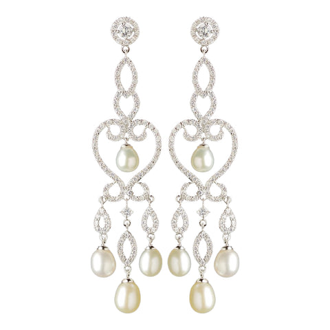 Rhodium Clear CZ Crystal & Freshwater Pearl Chandelier Bridal Wedding Earrings 4702