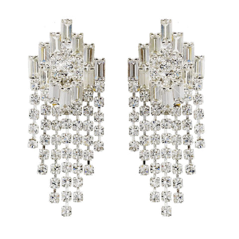 Silver Clear Baguette & Round Rhinestone Chandelier Bridal Wedding Earrings 5282