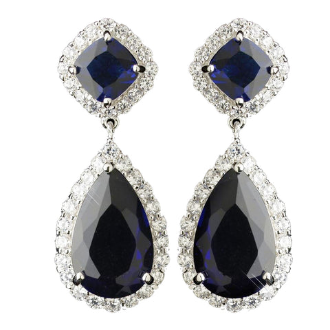 Rhodium Sapphire & Clear CZ Teardrop Crystal Dangle Bridal Wedding Earrings 5828