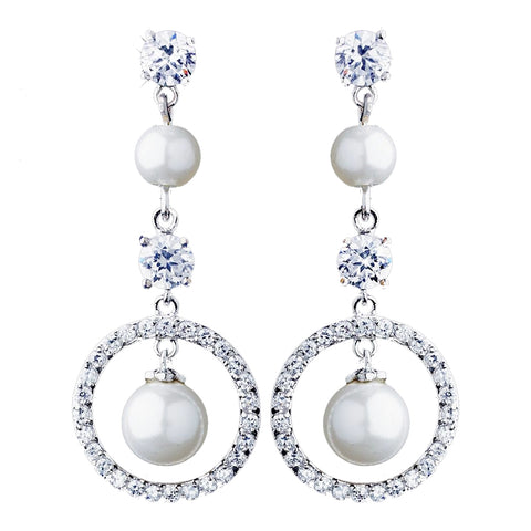 Antique Silver White Pearl & CZ Bridal Wedding Earrings 5863