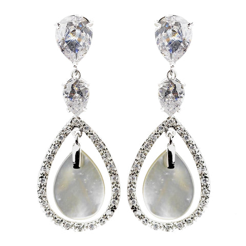 Antique Silver CZ & Mother of Pearl Bridal Wedding Earrings 5876