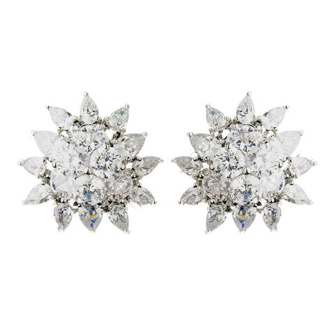 Antique Silver Clear CZ Sunflower Bridal Wedding Earrings 5901