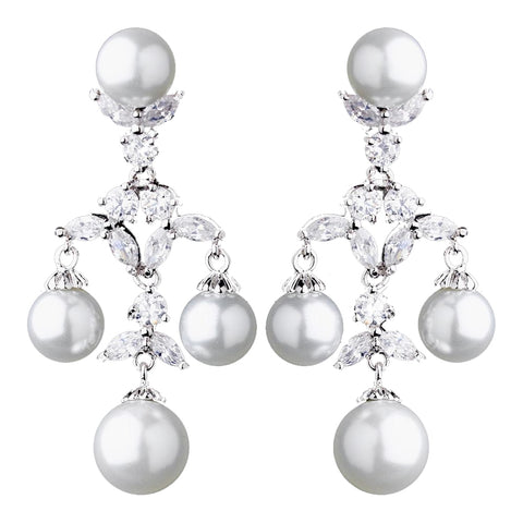 Lovely Antique Silver White Pearl & CZ Chandelier Bridal Wedding Earrings 7129