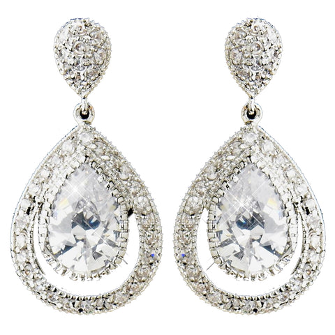 Antique Silver Clear CZ Dangle Drop Bridal Wedding Earrings 7427