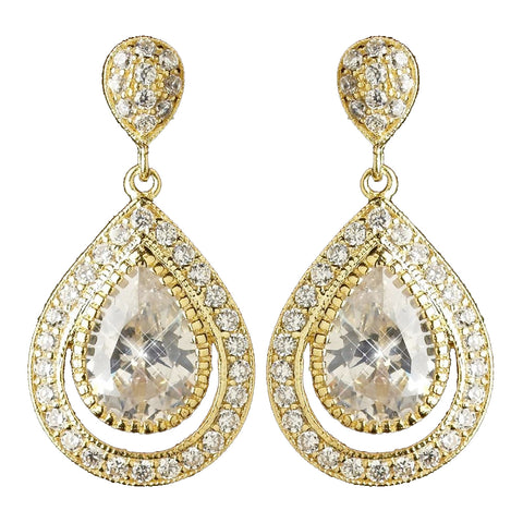 Gold Clear CZ Crystal Teardrop Drop Bridal Wedding Earrings 7427