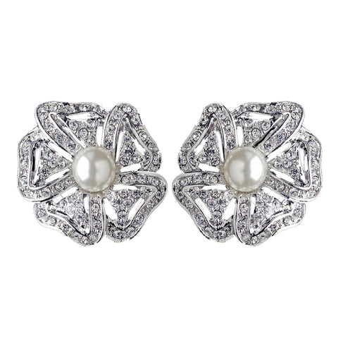 Rhodium Double Row Ivory Pearl CZ Crystal Rose Stud Bridal Wedding Earrings 76012