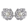 Rhodium Double Row Ivory Pearl CZ Crystal Rose Stud Bridal Wedding Earrings 76012