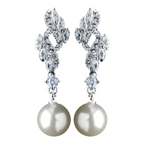 Rhodium CZ Crystal & Diamond White Pearl Drop Bridal Wedding Earrings 76017