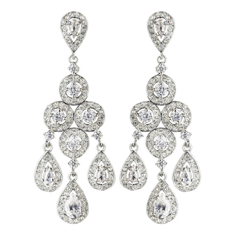 Rhodium Clear Round & Teardrop CZ Crystal Chandelier Bridal Wedding Earrings 7612