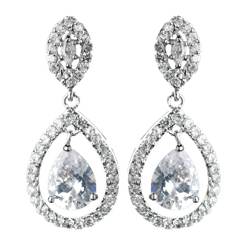 Antique Rhodium Silver Clear CZ Crystal w/ Teardrop Dangle Bridal Wedding Earrings 7762