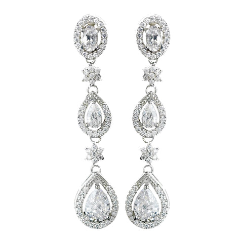 Antique Rhodium Silver Clear Teardrop & Oval Pave Encrusted CZ Crystal Dangle Bridal Wedding Earrings 7763