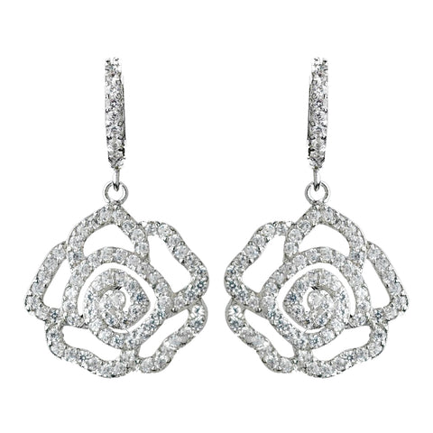 Antique Rhodium Silver Clear CZ Crystal Encrusted Pave Rose Dangle Bridal Wedding Earrings 7765