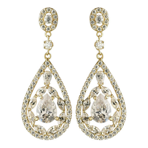 Gold Clear Multi Cut Teardrop CZ Crystal Chandelier Bridal Wedding Earrings 7769