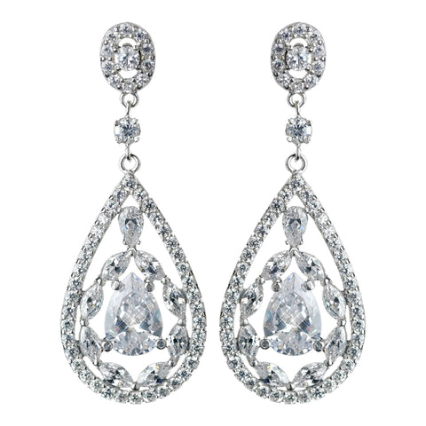 Antique Rhodium Silver Clear CZ Crystal Teardrop Bridal Wedding Earrings 7769