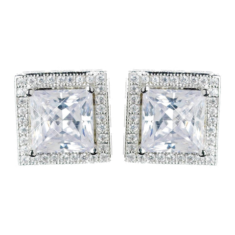 Antique Rhodium Silver Clear Princess Cut Encrusted CZ Crystal Stud Bridal Wedding Earrings 7775