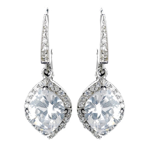 Antique Rhodium Silver Clear Leverback Bridal Wedding Earrings 7791