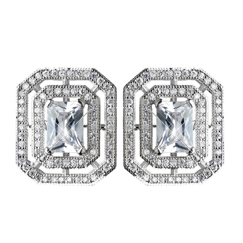 Antique Rhodium Silver Clear CZ Crystal Micro Pave Radiant Cut Vintage Stud Bridal Wedding Earrings 7794
