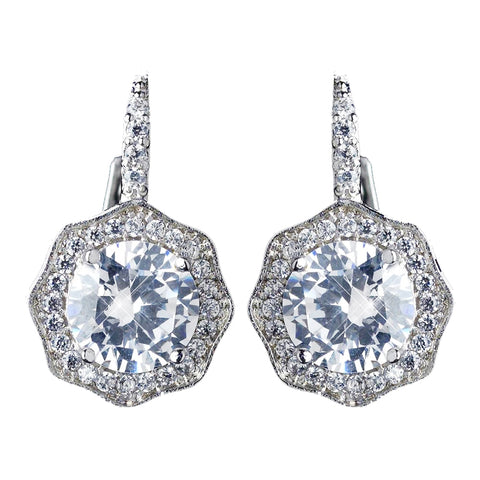 Antique Rhodium Silver Solitaire Encrusted CZ Leverback Bridal Wedding Earrings 7798