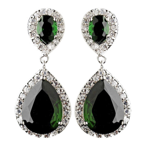 Antique Silver Emerald CZ Tear Drop Bridal Wedding Earrings 7850