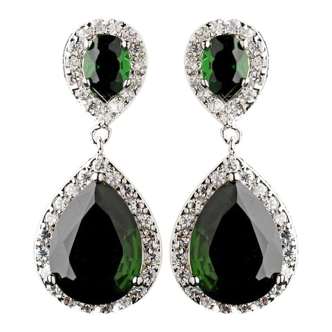 Antique Silver Emerald CZ Tear Drop Bridal Wedding Earrings 7850