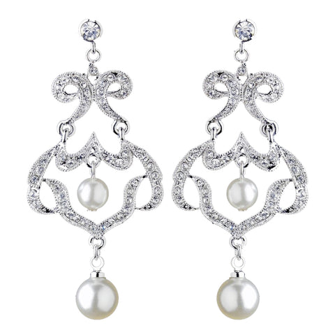 Antique Rhodium Silver Clear Rhinestone & Diamond White Pearl Chandelier Bridal Wedding Earrings 7863