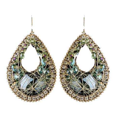 Gold Olive Green Beaded & Rhinestone Hand Made Fashion Chandelier Bridal Wedding Earrings 82038