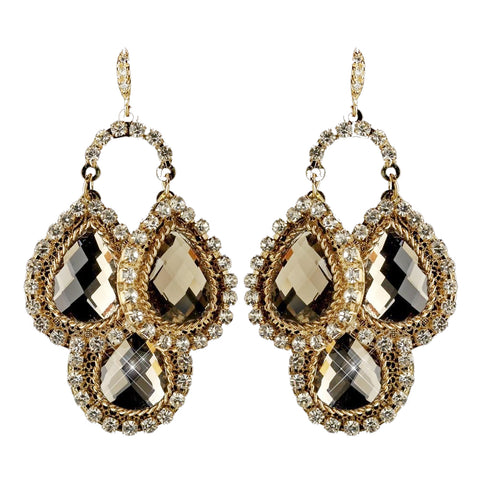 Gold Light Brown & Clear Rhinestone Drops Bridal Wedding Earrings 82042