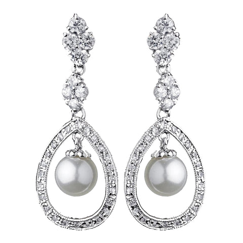 Charming Silver Clear CZ & Ivory Pearl Bridal Wedding Earrings 8248