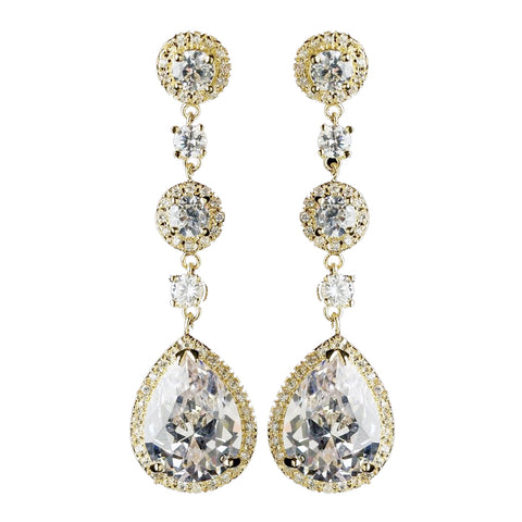 Gold Clear Round & Teardrop CZ Crystal Dangle Bridal Wedding Earrings 8676