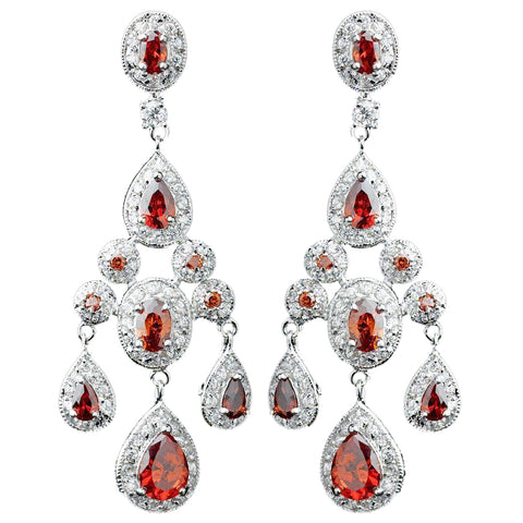 Rhodium Red Teardrop CZ Chandelier Bridal Wedding Earrings 8677