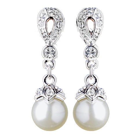 Silver Ivory Pearl & CZ Crystal Drop Bridal Wedding Earrings 8763