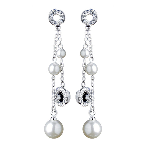 Silver Clear CZ & Diamond White Pearl Bridal Wedding Earrings 8766