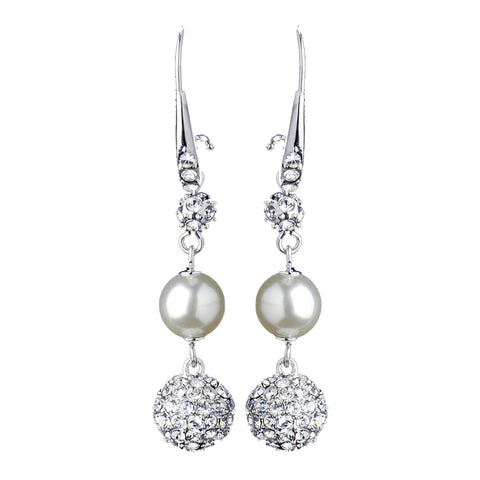 Silver Diamond White Pearl & Clear Rhinestone Pave Ball Dangle Bridal Wedding Earrings 8767