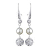 Silver Diamond White Pearl & Clear Rhinestone Pave Ball Dangle Bridal Wedding Earrings 8767