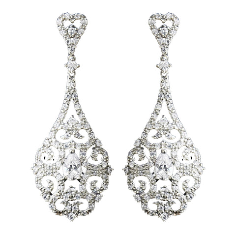 Antique Silver Clear CZ Tear Drop Crystal Dangle Bridal Wedding Earrings 8780
